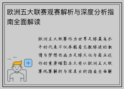 欧洲五大联赛观赛解析与深度分析指南全面解读