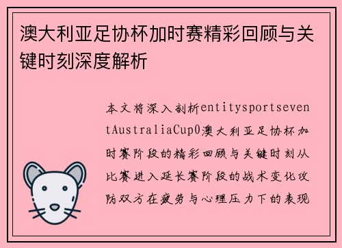 澳大利亚足协杯加时赛精彩回顾与关键时刻深度解析